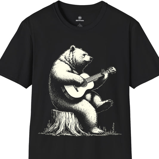 Bear Playing Guitar Sitting on a Tree Stump